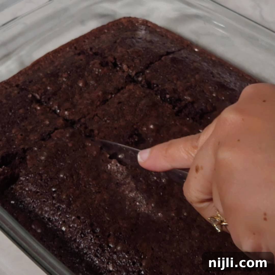 Delicious Pinecone Brownie Recipe 6 A full slab of baked chocolate brownie with a hand scoring lines into it, setting up for the initial preparation phase.