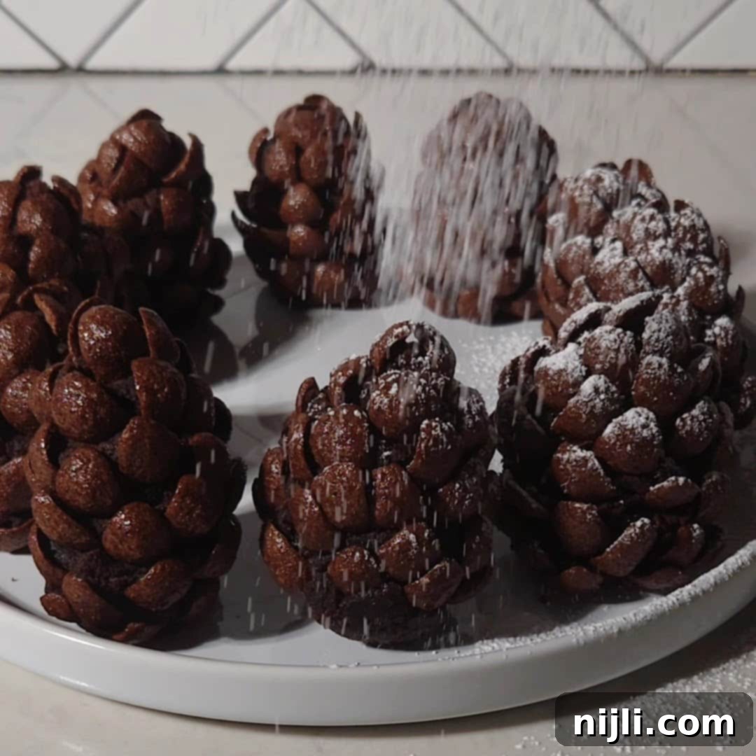 Delicious Pinecone Brownie Recipe 9 Powdered sugar being sifted over a plate of pinecone brownies, adding a frosted, snowy touch. The falling sugar is captured mid-action.