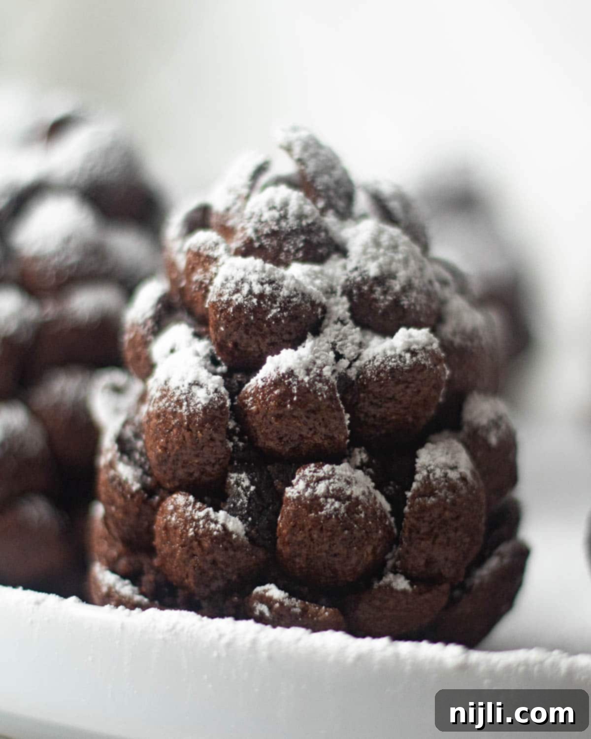 Delicious Pinecone Brownie Recipe 10 A close-up of a chocolate pinecone brownie topped with powdered sugar. The layers of brownie create a lifelike pinecone effect.