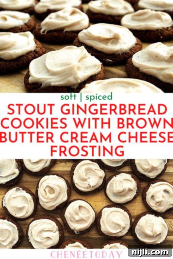 Stout-Infused No-Chill Gingerbread Cookies with Brown Butter Cream Cheese Frosting 5 A beautifully arranged spread of Stout Gingerbread Cookies with Brown Butter Cream Cheese Frosting, perfect for sharing during the holidays or as a festive gift.