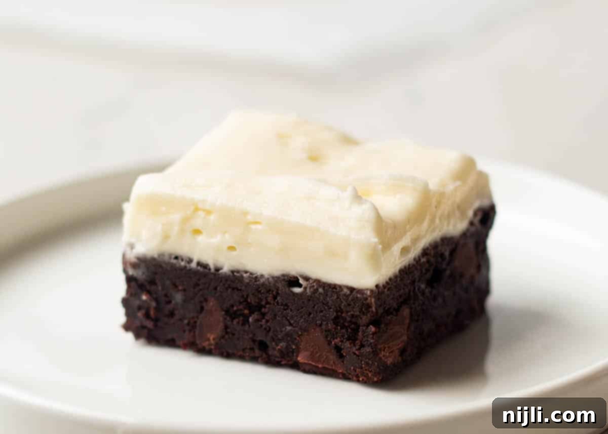 A side profile of a chocolate brownie with cream cheese frosting, emphasizing its fudgy layers and chocolate chip inclusions.