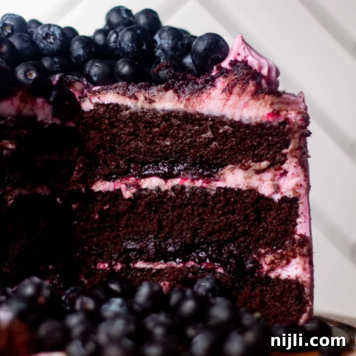 Chocolate Blueberry Delight 2 Close-up of a chocolate blueberry cake slice showing rich chocolate layers, thick blueberry filling, and swirled berry frosting topped with fresh blueberries.