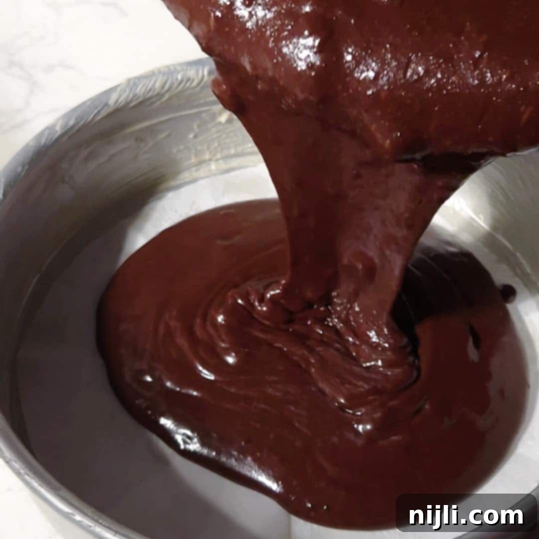 Chocolate Blueberry Delight 12 Chocolate blueberry cake batter being poured into a round, parchment-lined pan, ready to bake into rich chocolate layers.
