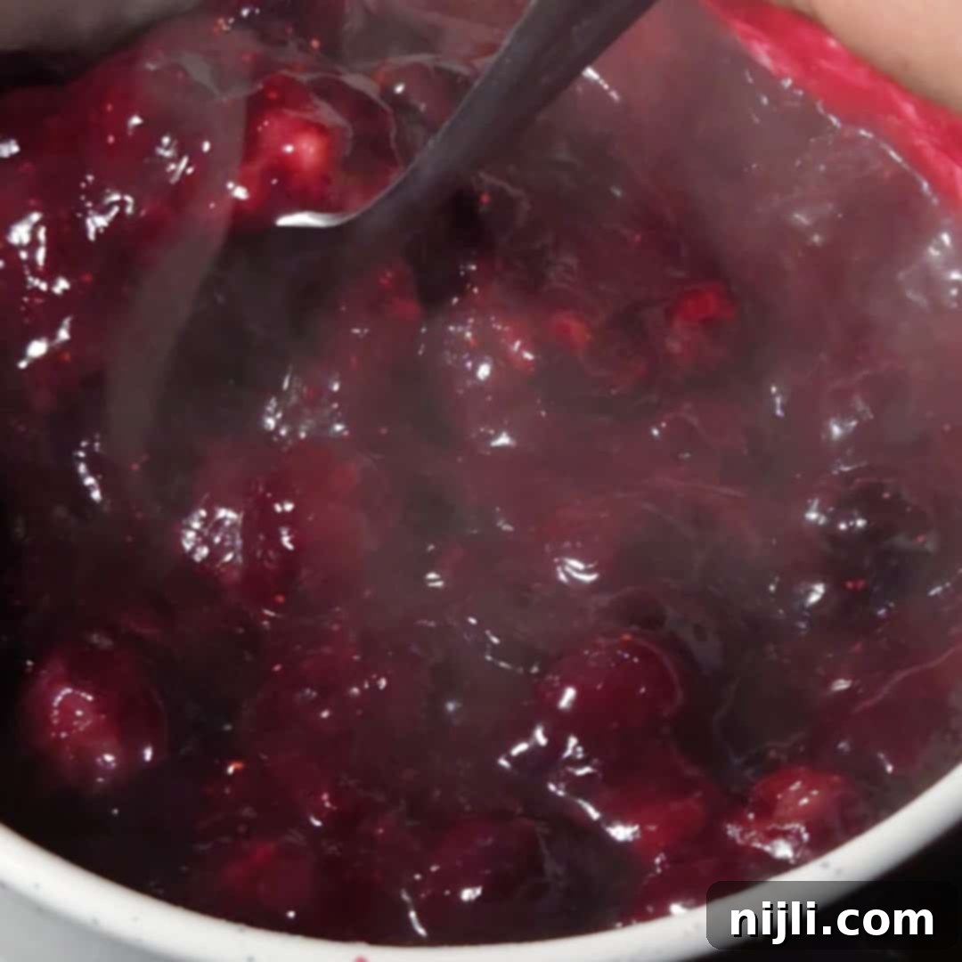 Chocolate Blueberry Delight 13 Blueberry compote simmering in a pot, thick and glossy, for the filling of a chocolate blueberry cake.