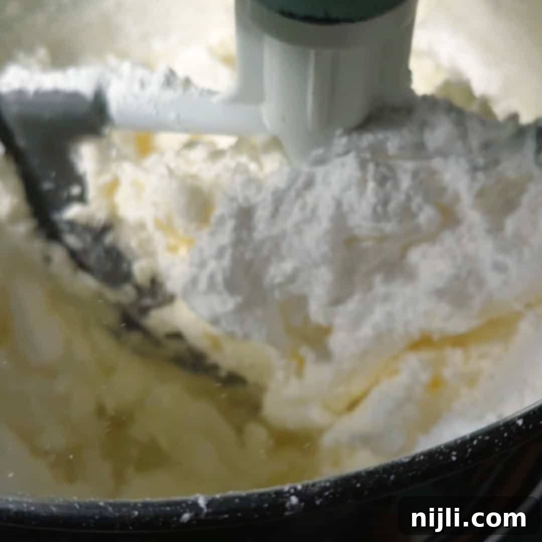 Chocolate Blueberry Delight 14 Butter and powdered sugar being whipped together to make a fluffy base for chocolate blueberry cake frosting.