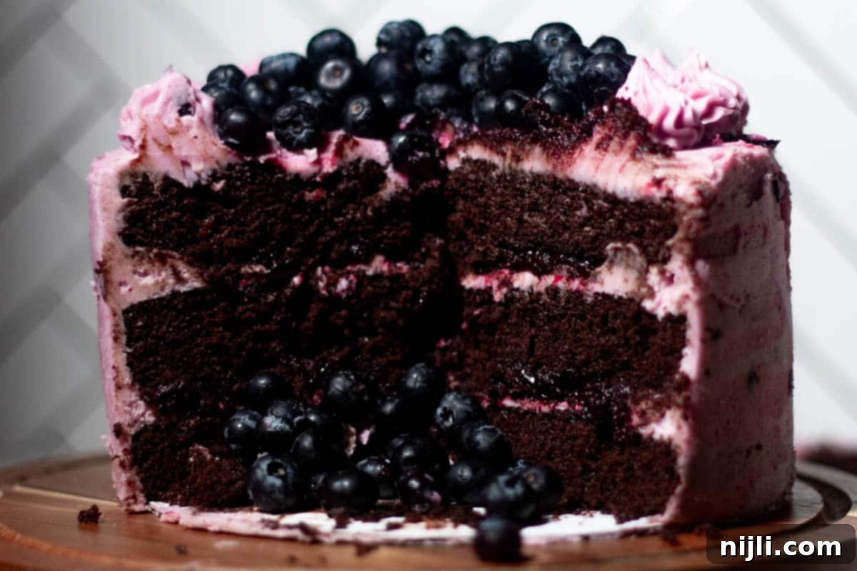Chocolate Blueberry Delight 17 Sliced chocolate blueberry cake with layers of moist chocolate sponge, blueberry jam filling, and whipped berry buttercream.