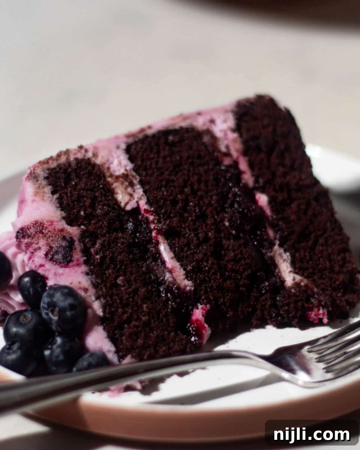 Chocolate Blueberry Delight 18 Tall slice of chocolate blueberry cake layered with dark chocolate sponge, blueberry filling, and pink berry frosting.