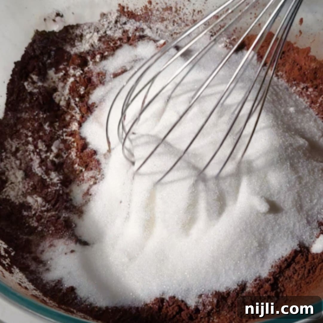 Chocolate Blueberry Delight 9 Dry ingredients for a chocolate blueberry cake, including cocoa powder and sugar, being whisked together in a glass mixing bowl.