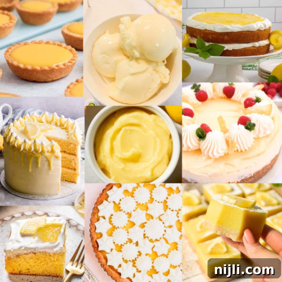 Lemon Curd's Sweetest Secrets 2 Collage of recipes with lemon curd and recipes using lemon curd including lemon curd cake, lemon bars, lemon tarts, and lemon curd chicken.