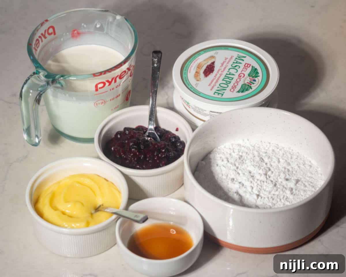 Sunny Lemon Blueberry Mascarpone Delight 5 Ingredients for the mascarpone topping of a lemon blueberry mascarpone cake including mascarpone cheese, whipped cream, lemon curd, blueberry compote, vanilla extract, and powdered sugar.