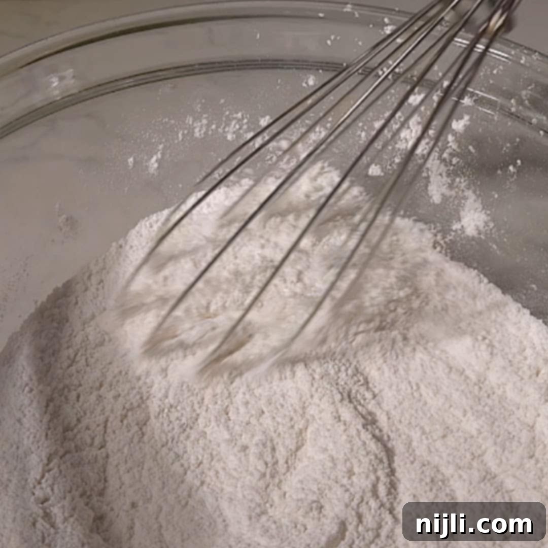 Sunny Lemon Blueberry Mascarpone Delight 10 Whisk stirring a bowl of flour and dry ingredients, an early step in prepping the batter for a lemon blueberry mascarpone cake.