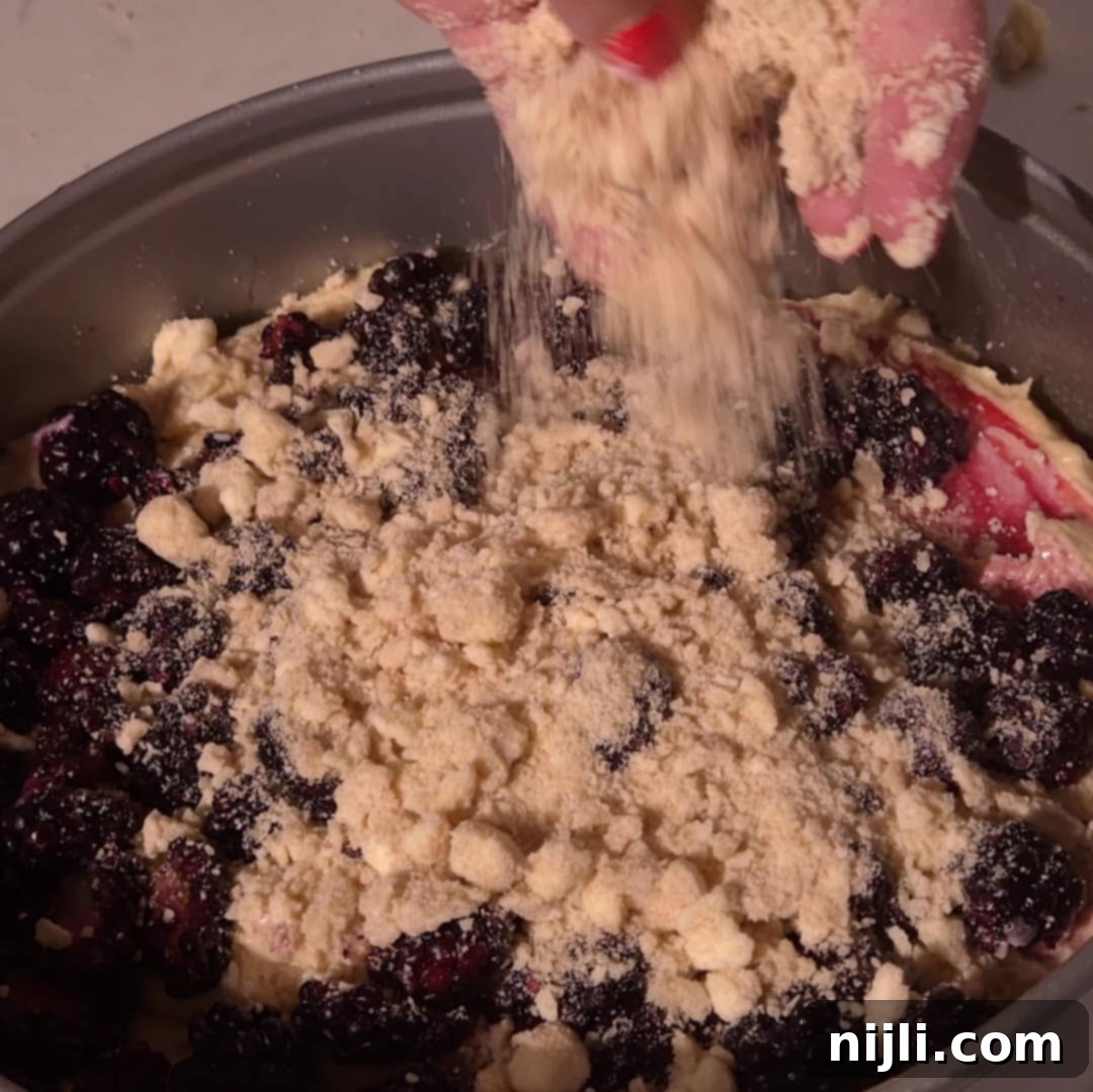 Homemade Blackberry Coffee Cake 13 A hand sprinkles streusel topping over a pan filled with fresh blackberries layered on batter for blackberry coffee cake.