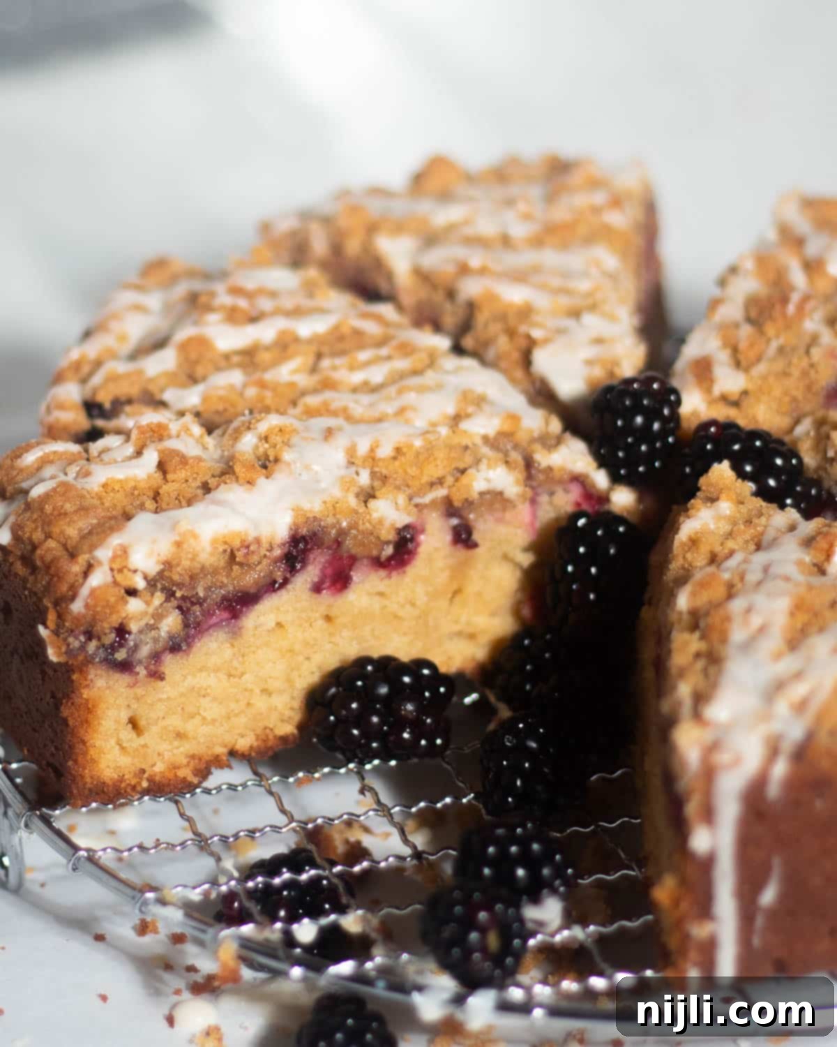 Homemade Blackberry Coffee Cake 5 A full blackberry coffee cake with one slice removed, sitting on a wire rack. The inside reveals a thick golden crumb and a rich blackberry swirl beneath a crunchy streusel topping.