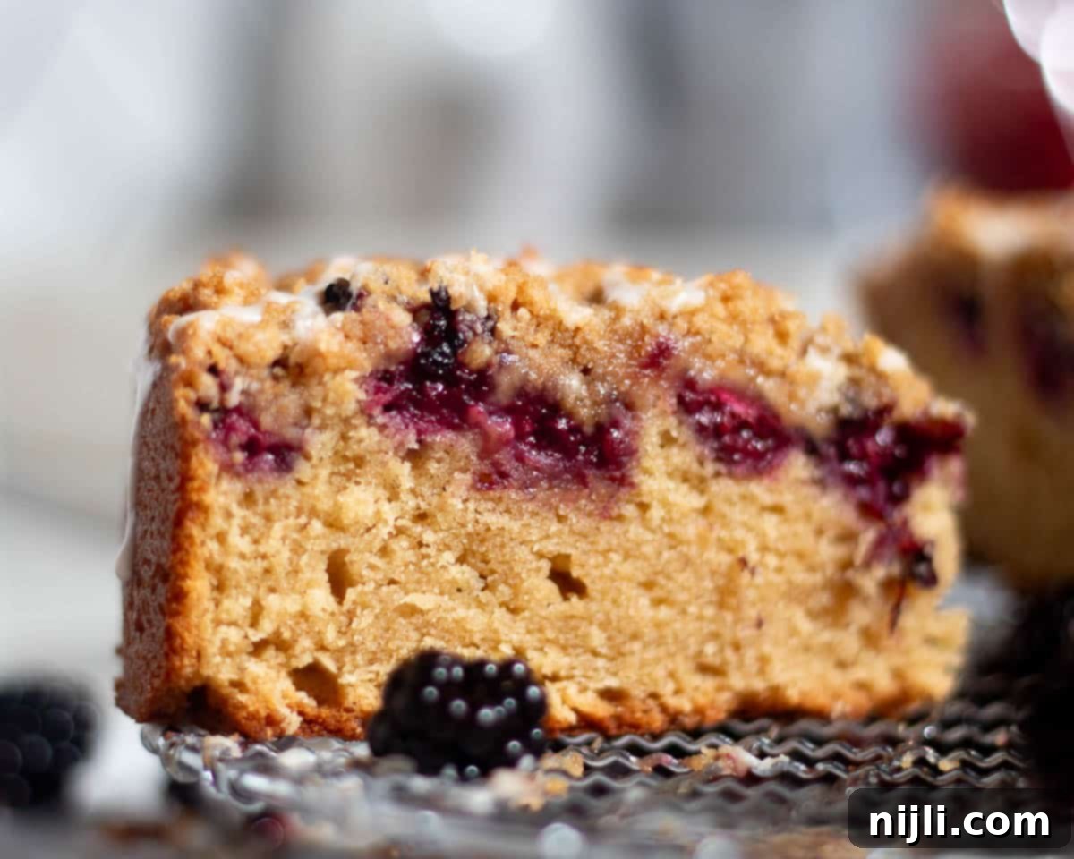 Homemade Blackberry Coffee Cake 6 A triangular slice of blackberry coffee cake rests on a wire rack surrounded by whole blackberries. The cake shows a golden crumb, purple filling, and glazed streusel.