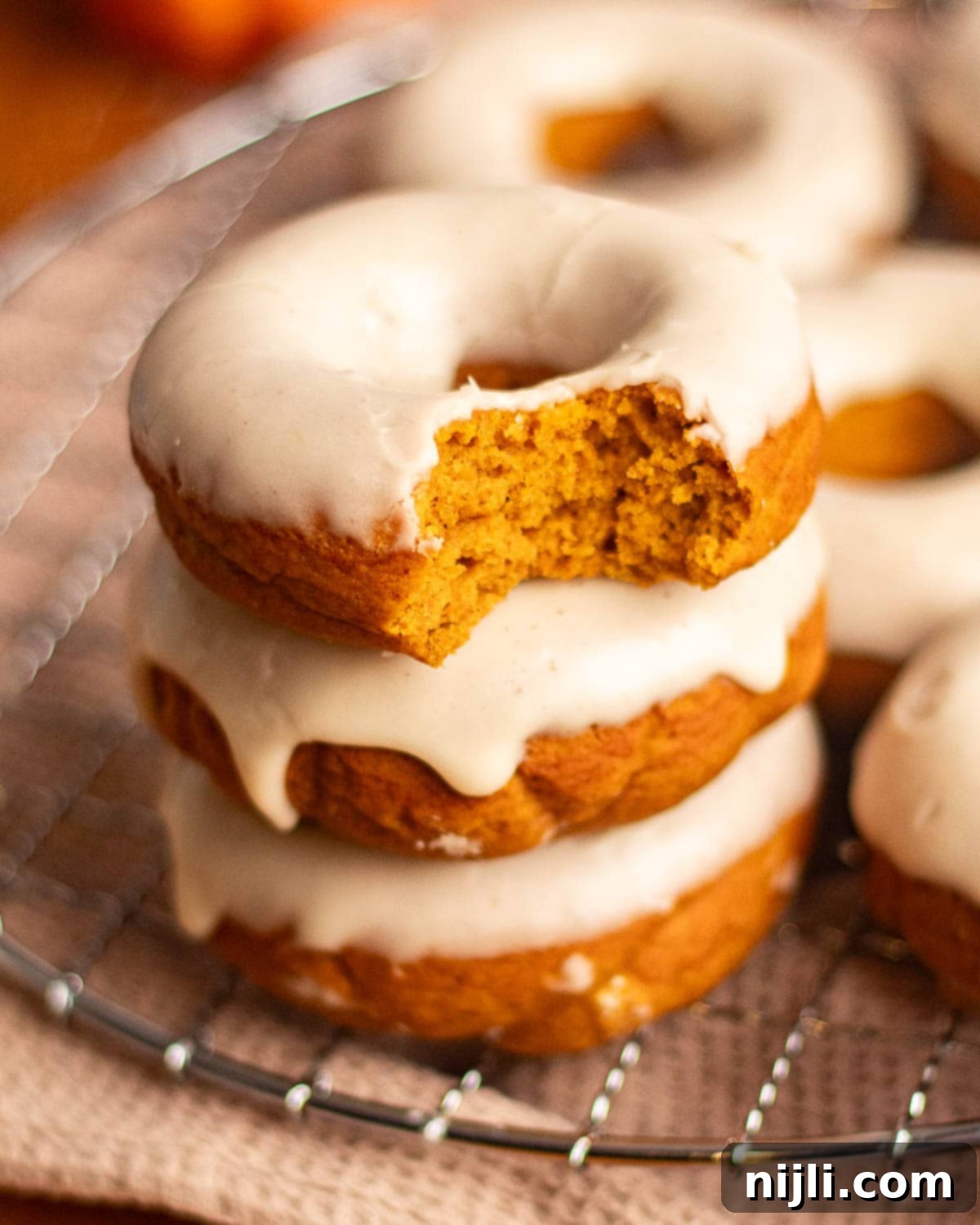 Spiced Pumpkin Perfection 4 A stack of pumpkin donuts, the top one bitten to reveal the moist orange crumb inside, showing off the rich color and texture.