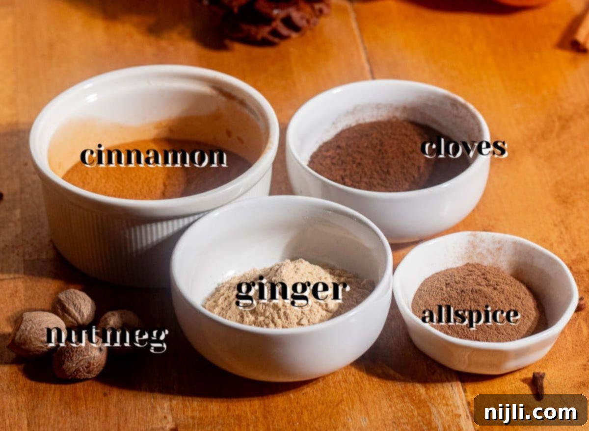 Spiced Pumpkin Harmony 4 Labeled bowls of cinnamon, ginger, nutmeg, cloves, and allspice for homemade pumpkin spice blend.