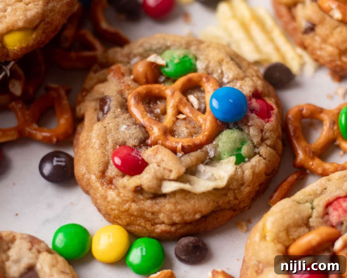 The Everything Cookie 14 Golden chewy kitchen sink cookies with crunchy pretzels, potato chips, and melty chocolate candies fresh from the oven.