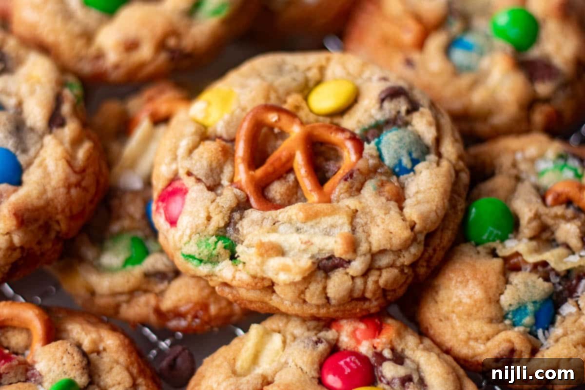 The Everything Cookie 15 Close-up of chewy kitchen sink cookies loaded with pretzels, chocolate chips, and colorful M&Ms for the best salty-sweet cookie recipe.