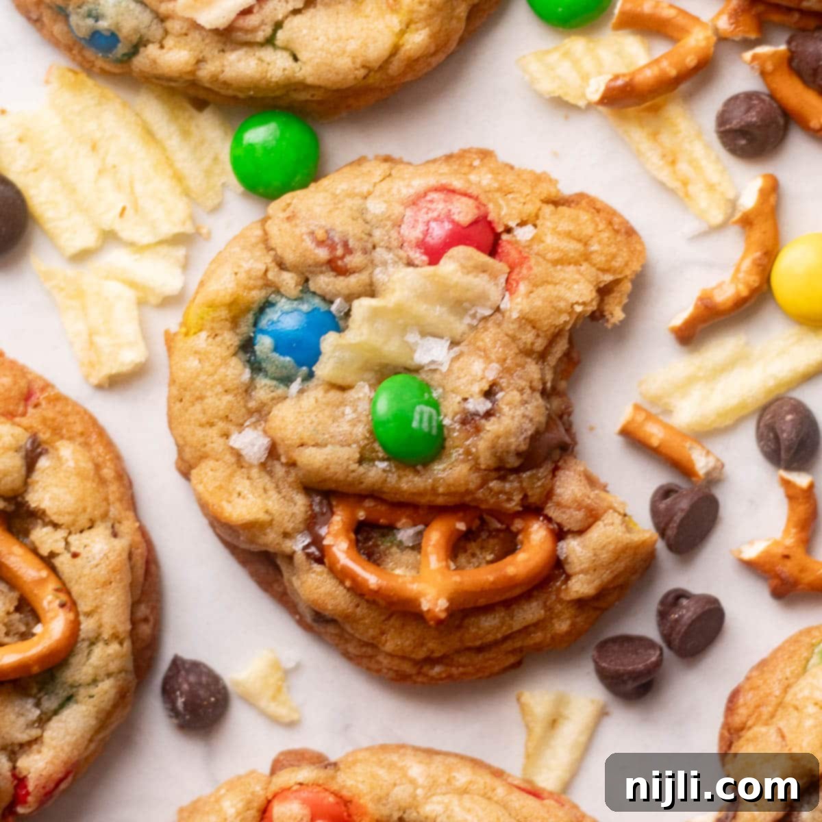 The Everything Cookie 4 Detailed shot of homemade kitchen sink cookies with pretzels, M&Ms, and potato chips showing gooey centers and crispy edges.