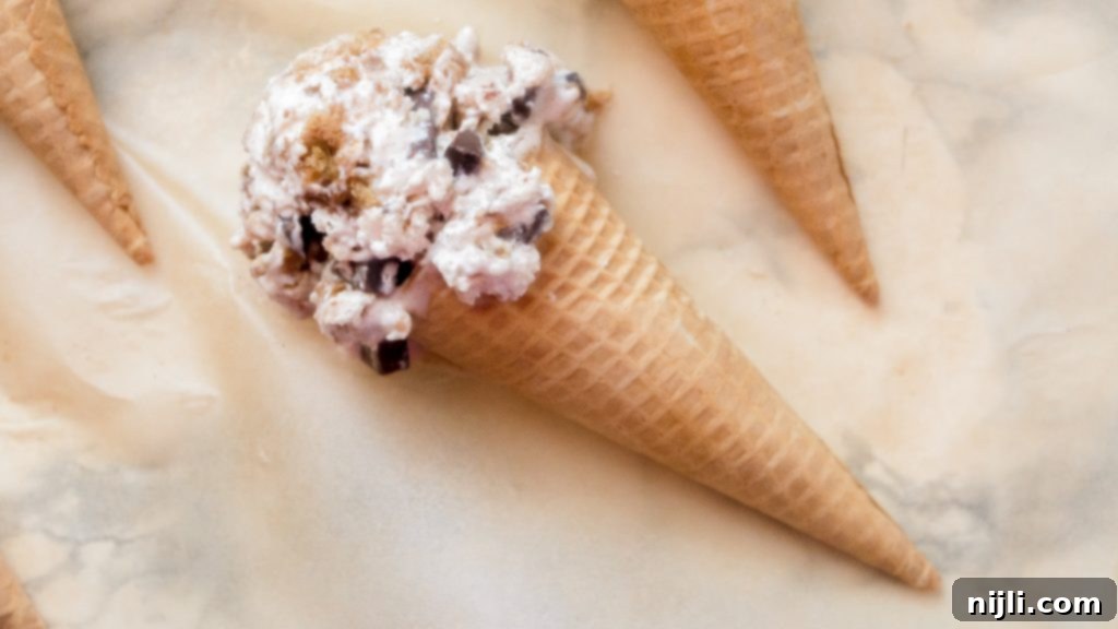 Homestyle Oatmeal Cookie Ice Cream 3 Close-up of Homemade No-Churn Oatmeal Cookie Chunk Ice Cream with Visible Cookie and Fudge Chunks
