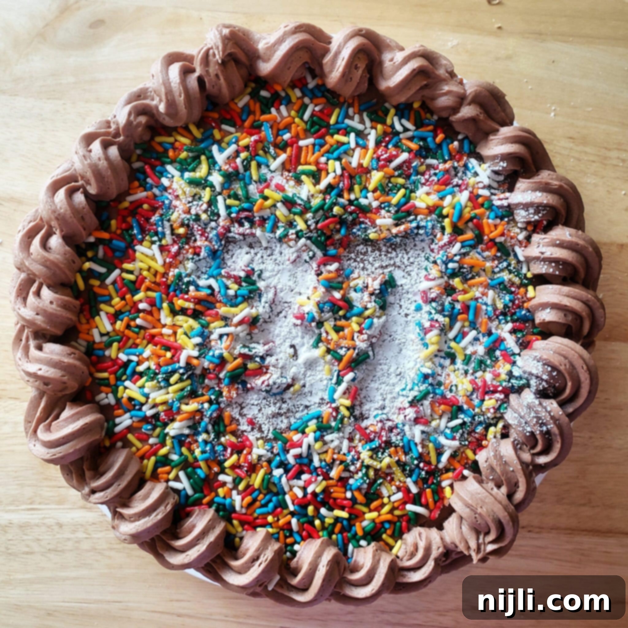 Toasted Butter Cake with Hazelnut Chocolate Dream Frosting 2 A stunning two-layer yellow cake with brown butter, generously frosted with Nutella buttercream and adorned with colorful sprinkles.
