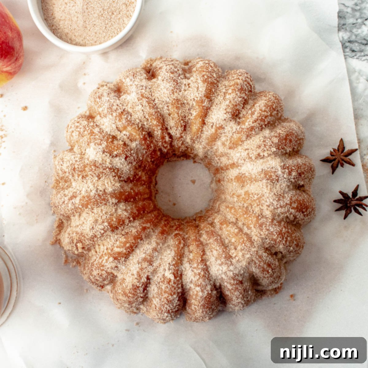 apple cider donut cake overhead shot