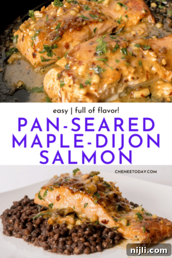 Maple Dijon Salmon 5 A Pinterest graphic for pan-seared maple dijon salmon, highlighting crispy skin and a delicious sauce, perfect for easy weeknight dinners.