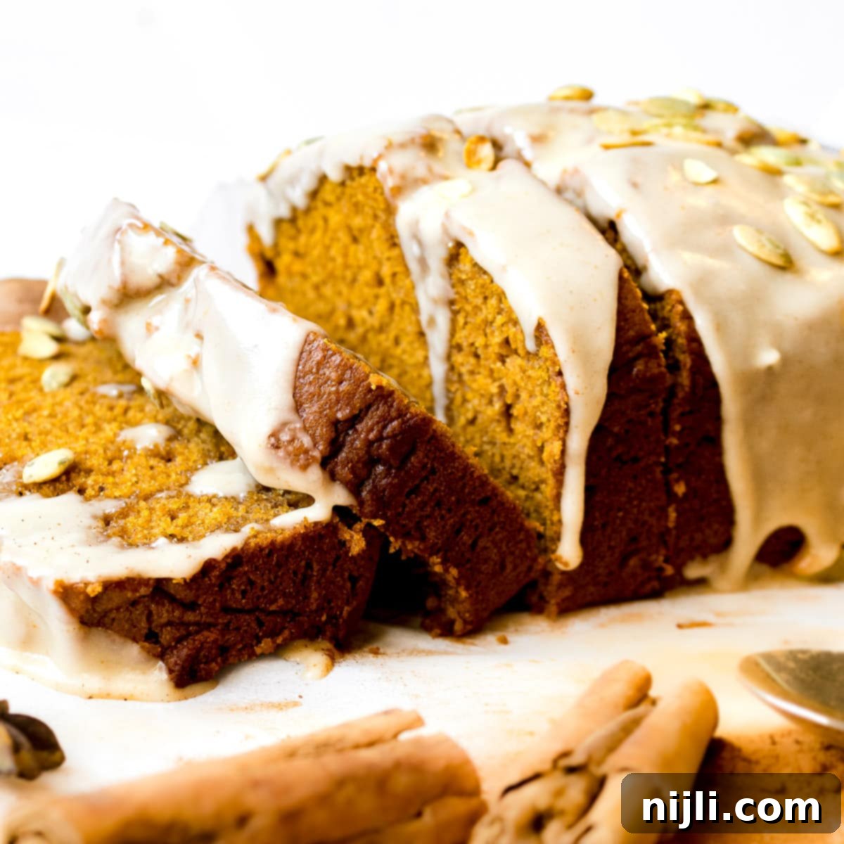 Harvest Gold Pumpkin Loaf, Maple Brown Butter Kissed 10 sliced sour cream pumpkin bread with maple brown butter glaze