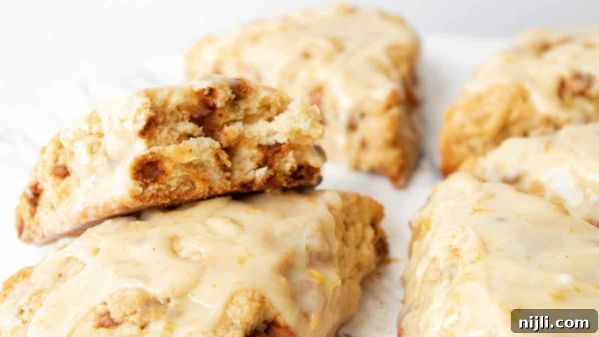 Spiced Orange Glazed Cinnamon Chip Scones 4 closeup of easy cinnamon scones