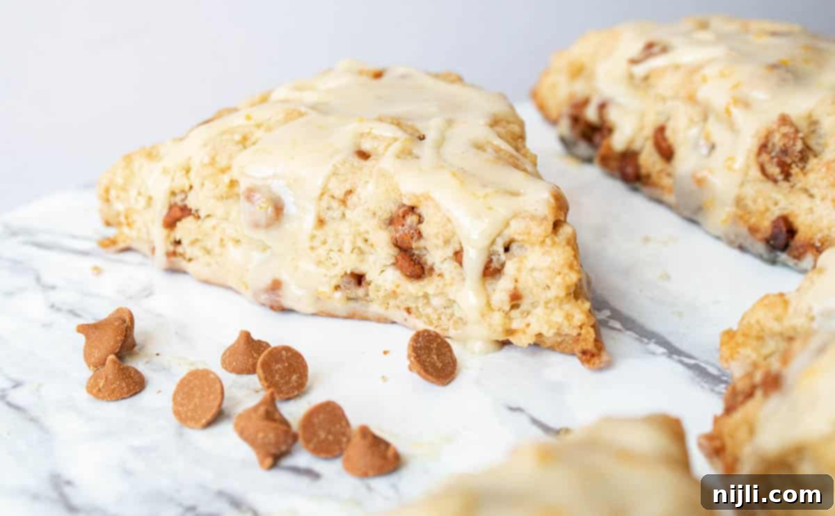 Spiced Orange Glazed Cinnamon Chip Scones 7 easy cinnamon chip scone with cinnamon chips on a tray