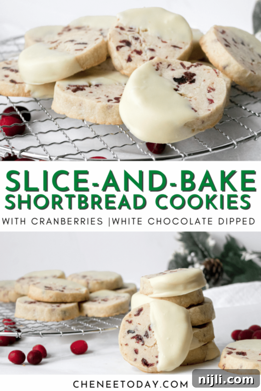 Cranberry White Chocolate Shortbread Delights 9 Slice and Bake Christmas Cookies - Easy White Chocolate Dipped Cranberry Shortbread! | Chenée Today