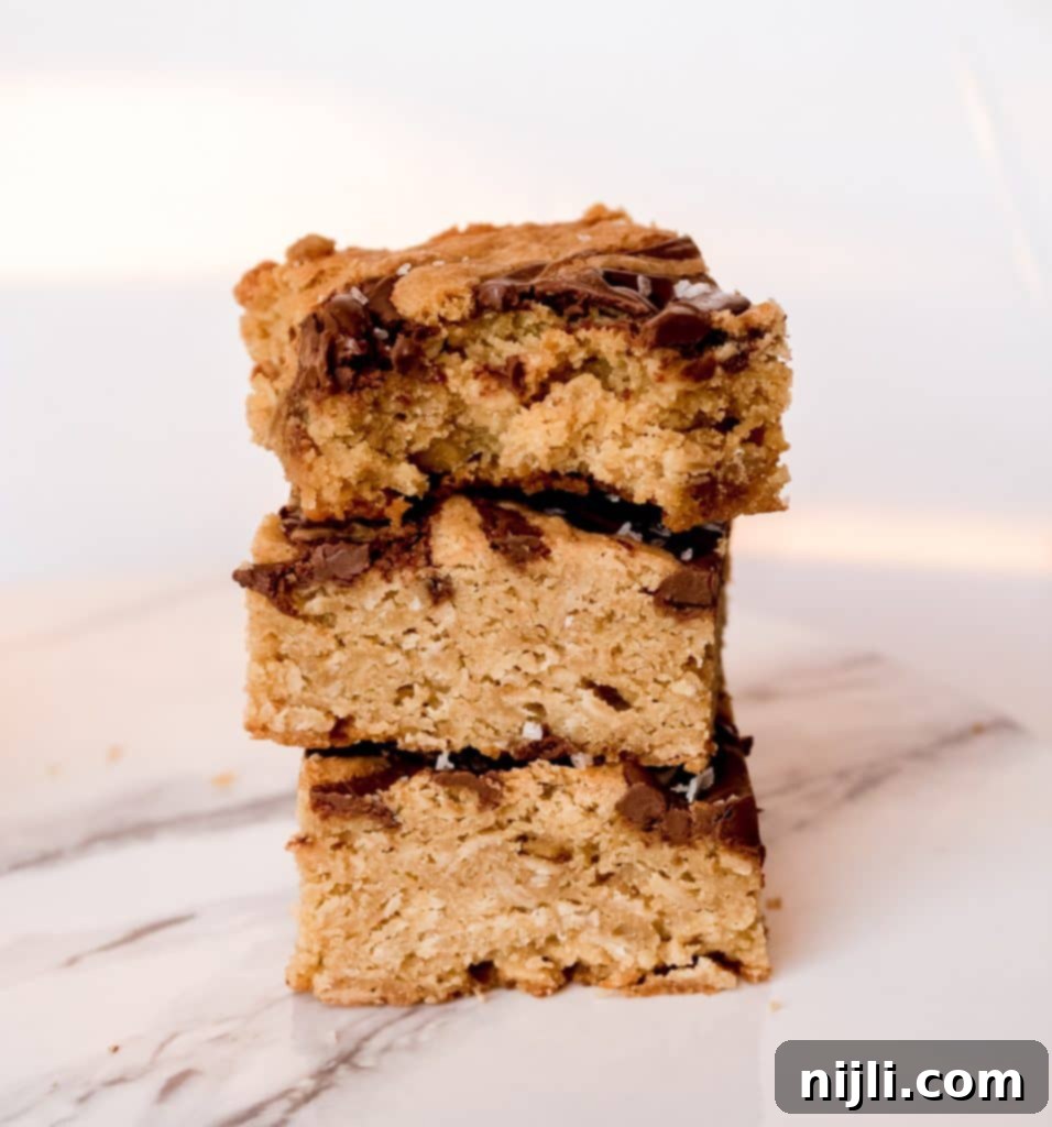 Salted Nutella Swirled Brown Butter Oatmeal Bars 4 Close-up of baked brown butter oatmeal cookie bars with visible Nutella swirl and a sprinkle of flaky sea salt.