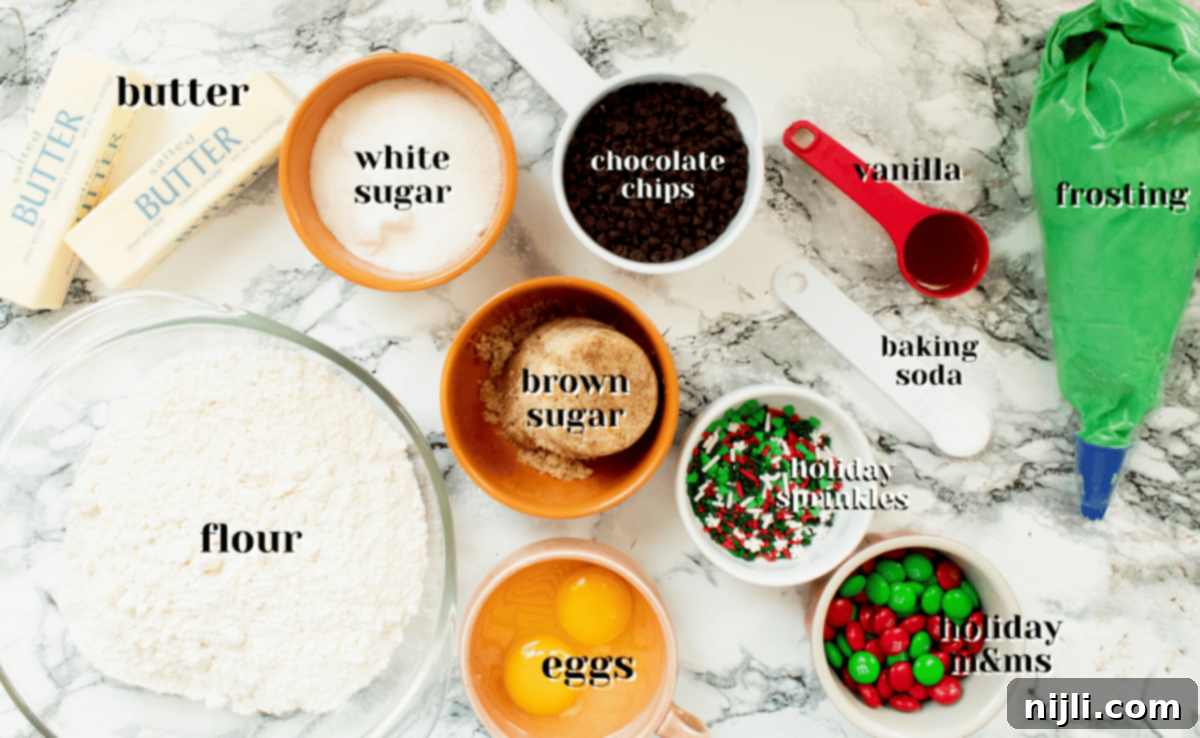 Festive Christmas Cookie Cake 4 All the essential ingredients for making a delicious Christmas Cookie cake laid out on a table.