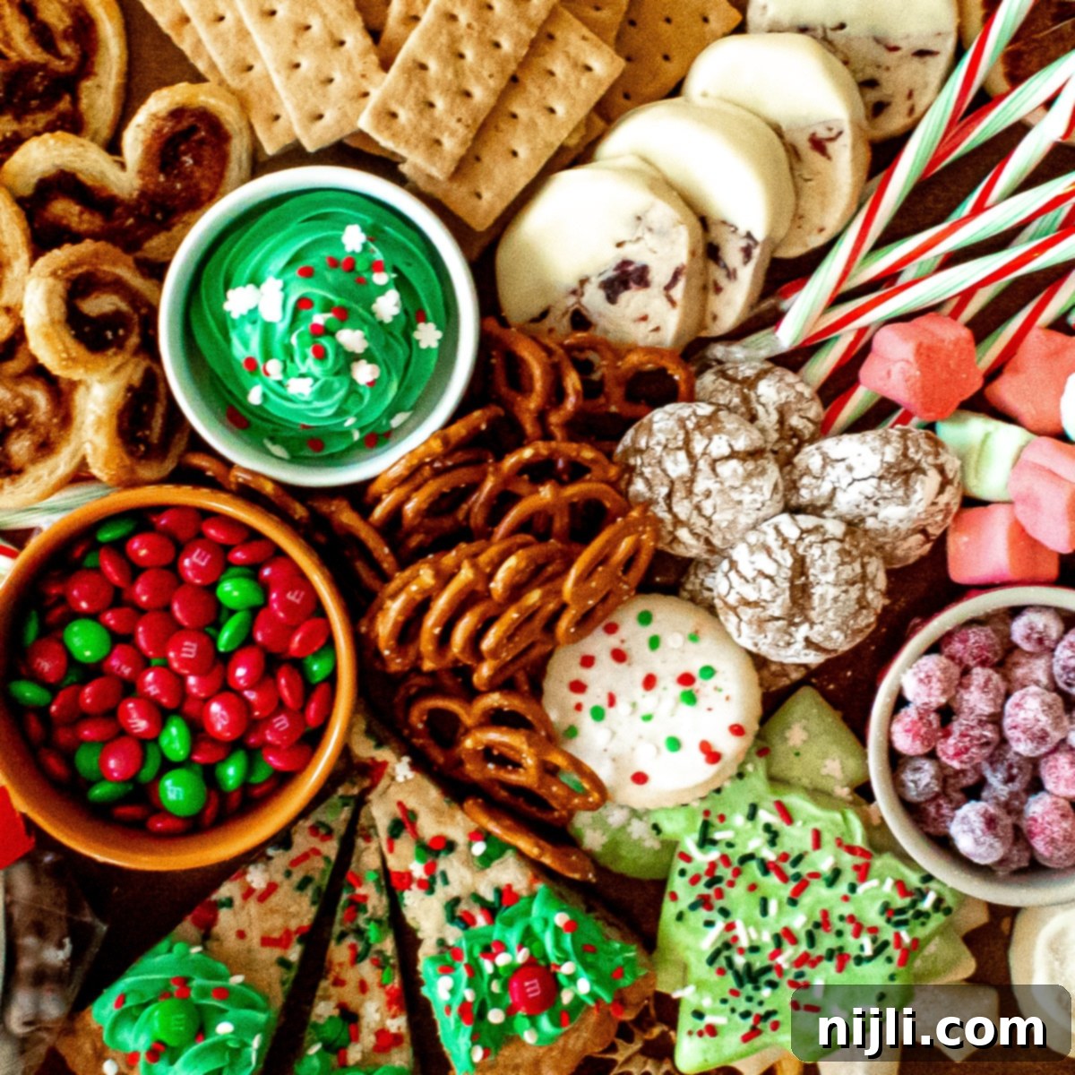 Holiday Grazing Board 9 Closeup of Christmas cookie charcuterie board with a focus on festive treats