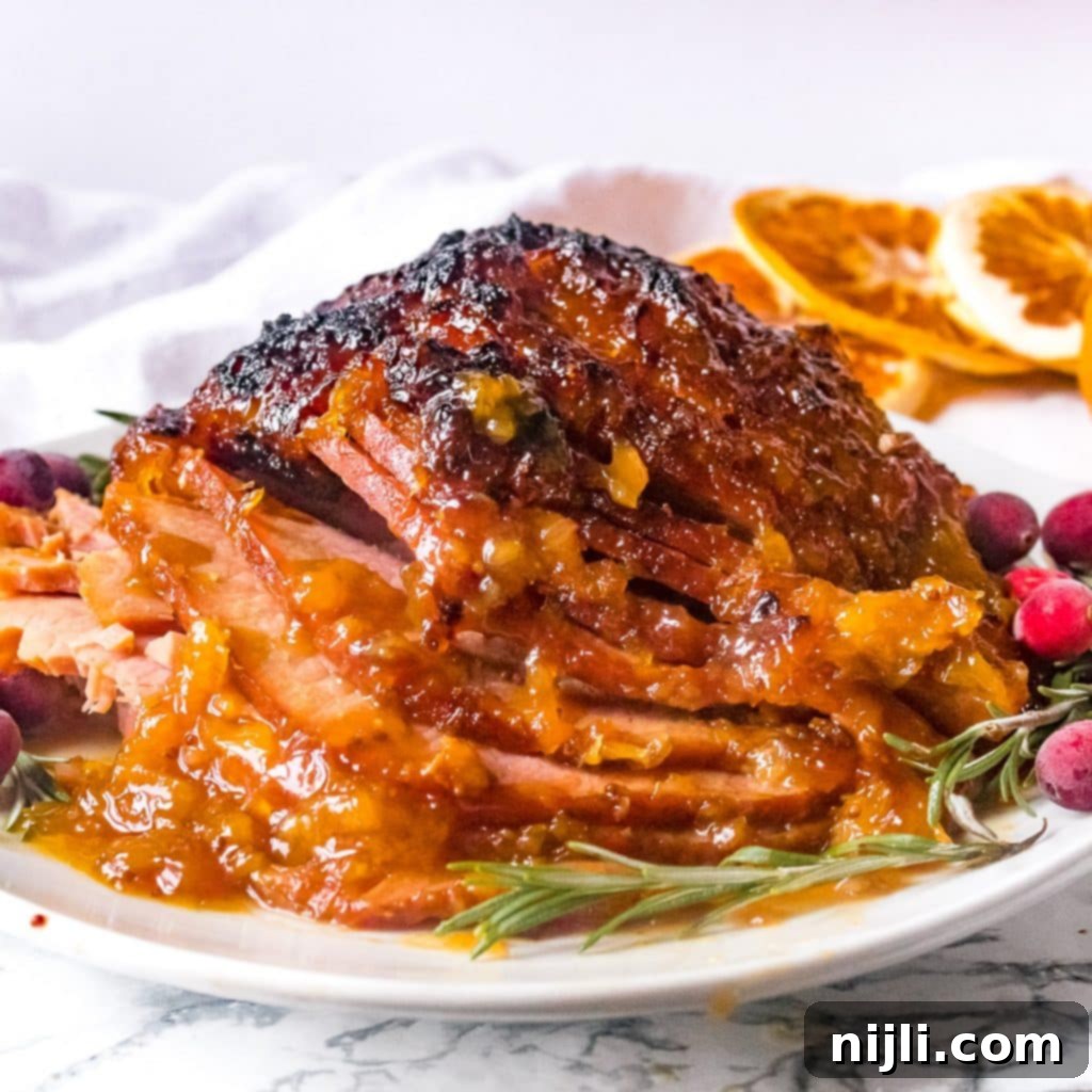 Pressure cooker ham sliced on a plate surrounded by cranberries and rosemary sprigs, with dried orange slices in the background