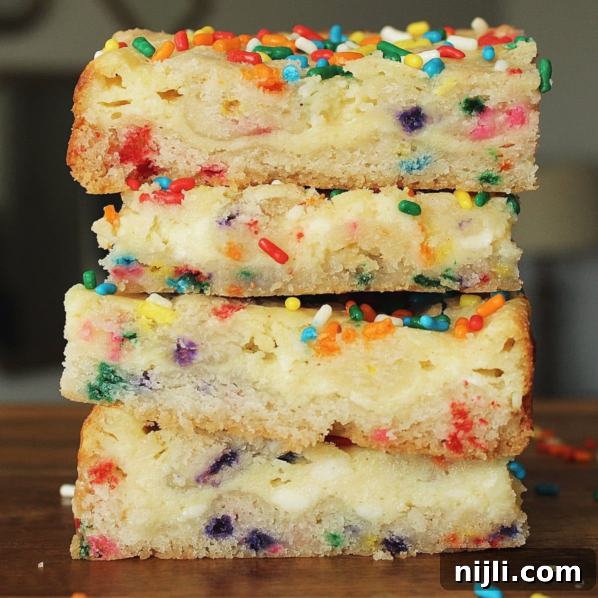 Festive Confetti Cheesecake Bars 2 A stack of vibrant Funfetti Confetti Cheesecake Bars, clearly showing the colorful sprinkles embedded in the cookie base and cheesecake layers, promising a delightful texture and festive dessert experience.