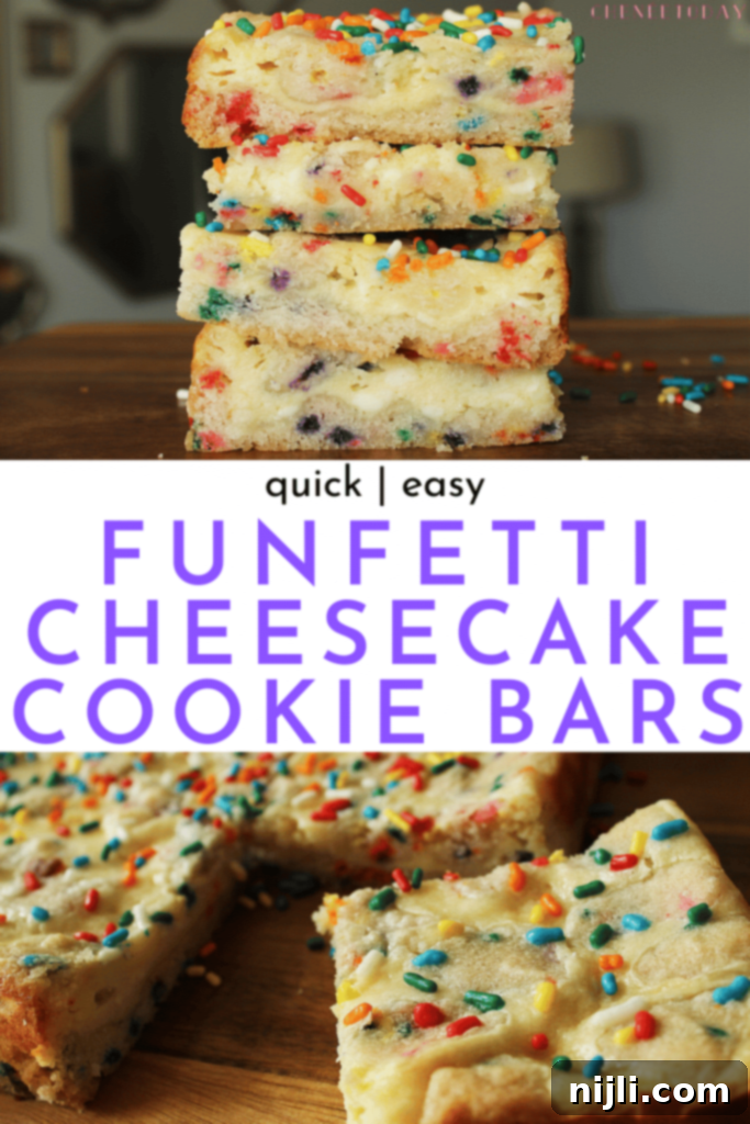 Festive Confetti Cheesecake Bars 9 A vibrant pin image for Confetti Cheesecake Bars, showing colorful sprinkles and a delicious texture, perfect for saving to Pinterest and inspiring your next baking project.