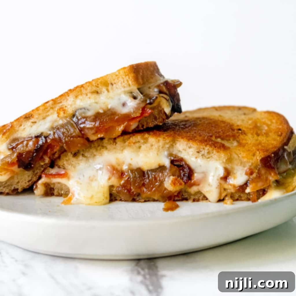 Ultimate Havarti Bacon Melt with Sweet Onions 2 closeup of Havarti grilled cheese sandwich