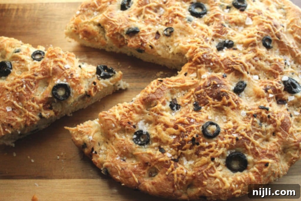 Delicious and Easy Skillet Black Olive and Parmesan Focaccia Bread Recipe
