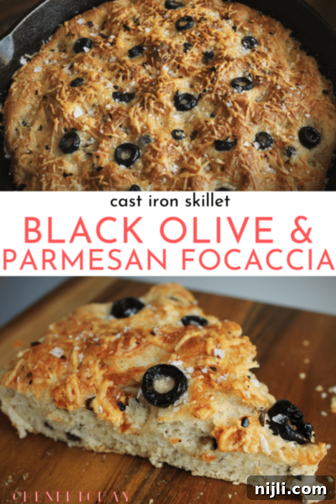 Pin this Easy Skillet Black Olive and Parmesan Focaccia Bread Recipe for later