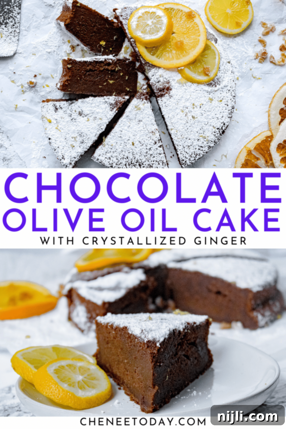 Decadent Chocolate Olive Oil Cake with Candied Ginger 8 A beautifully styled Pinterest pin for Easy Chocolate Olive Oil Cake with Crystallized Ginger recipe.