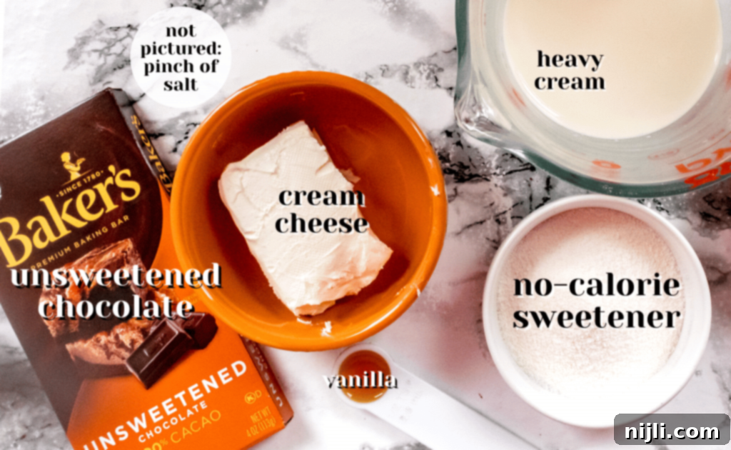 Decadent Keto Chocolate Mousse 4 keto chocolate mousse ingredients laid out
