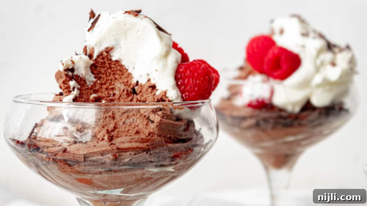 Decadent Keto Chocolate Mousse 5 keto chocolate mousse in a clear glass, showing texture