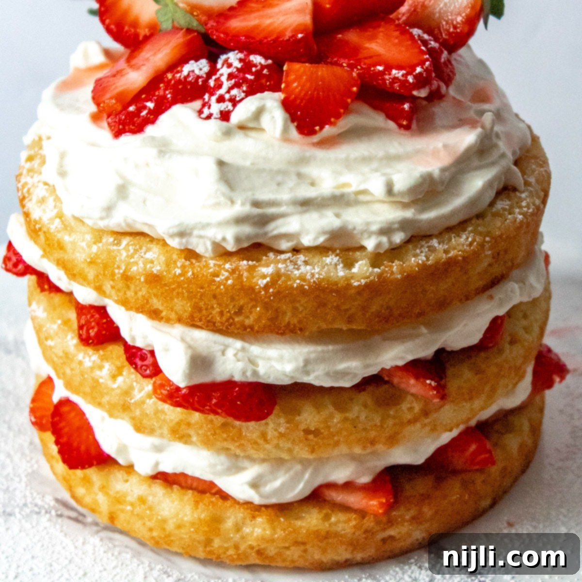 top view of vanilla cake with strawberries on top