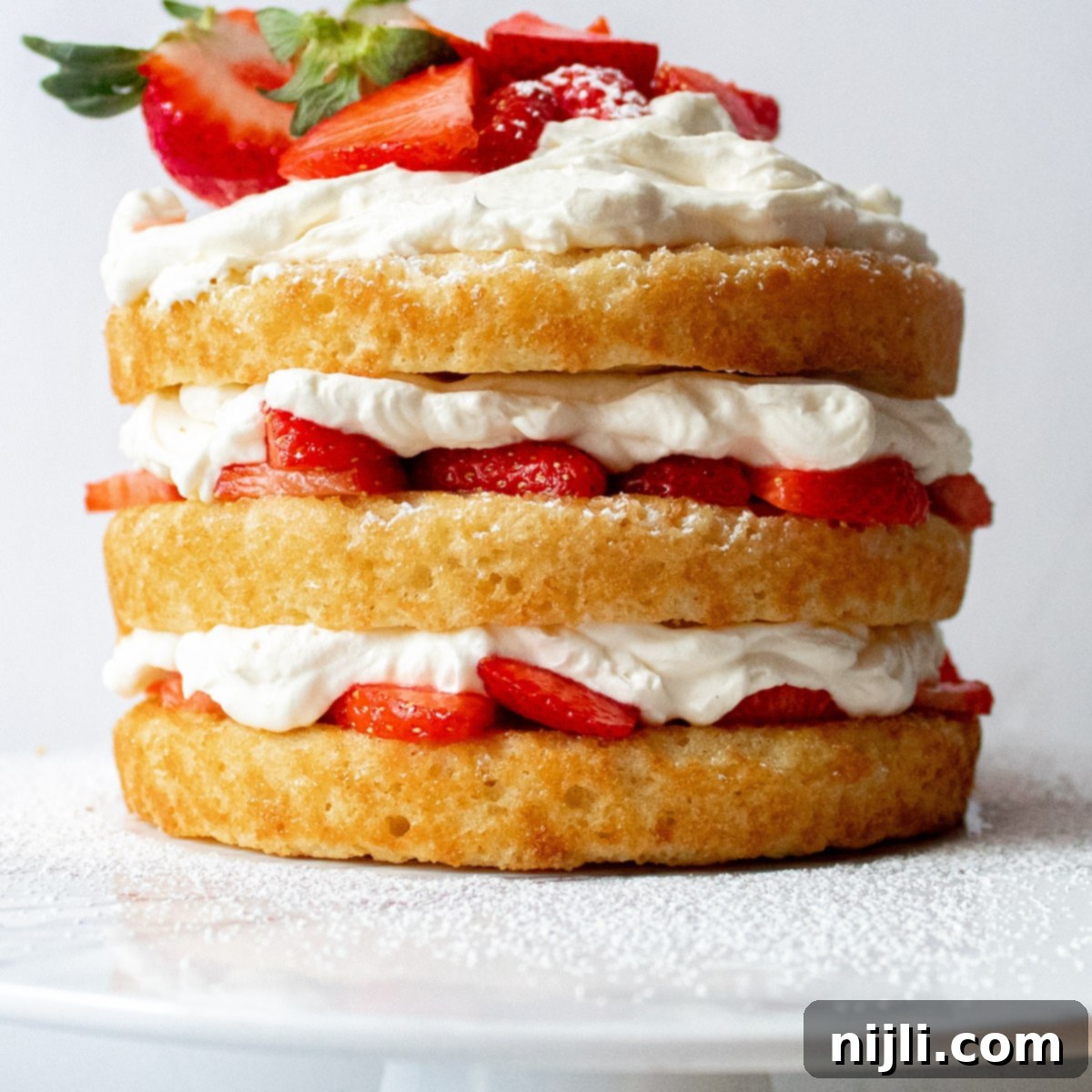 vanilla cake with strawberries on a cake stand