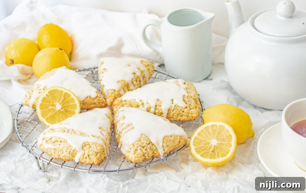Zesty Lemon Poppyseed Scones 3 lemon poppy seed scones on a rack