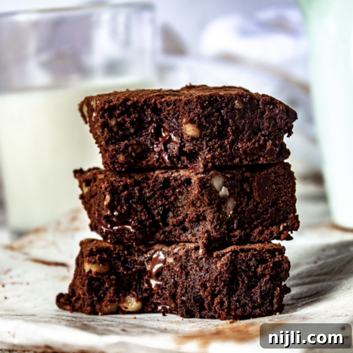 stack of chocolate walnut brownies