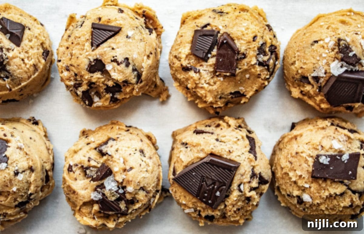 Perfect Brown Butter Chocolate Chip Cookies 6 Dough balls for chocolate chip cookie recipe, sitting on a counter.