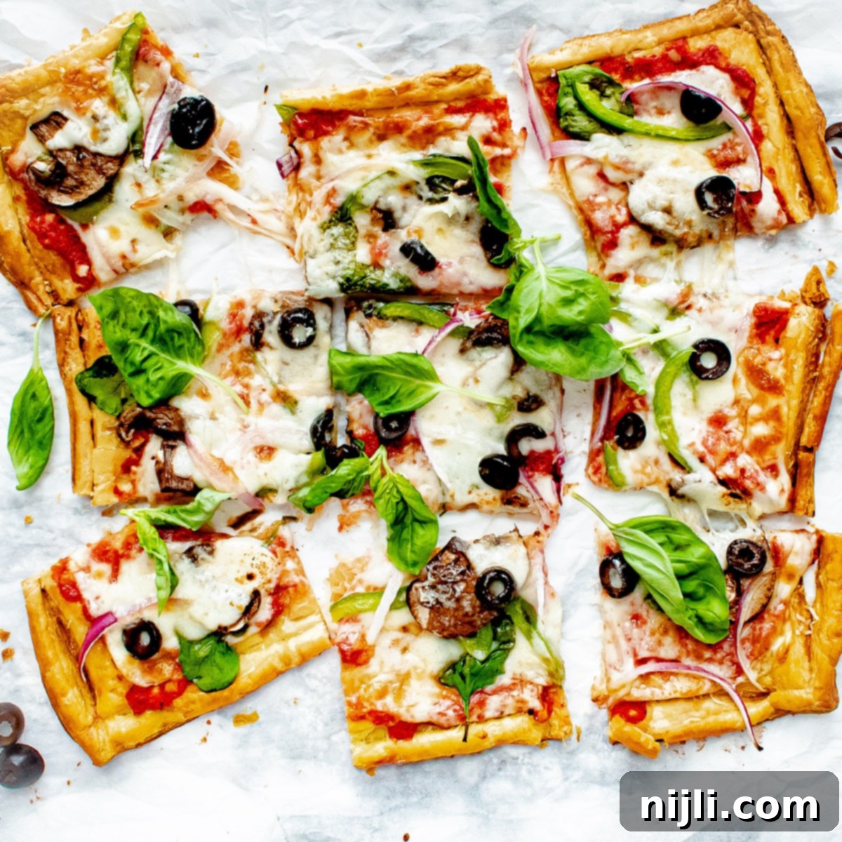 Flaky Pizza Creation 8 overhead shot of puff pastry pizza tart