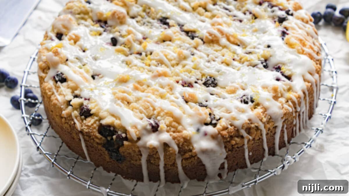 blueberry cream cheese coffee cake on a rack before being cut